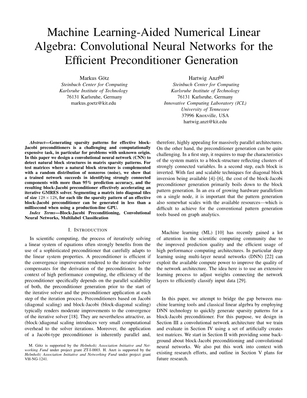 Machine Learning-Aided Numerical Linear Algebra: Convolutional Neural Networks for the Efﬁcient Preconditioner Generation