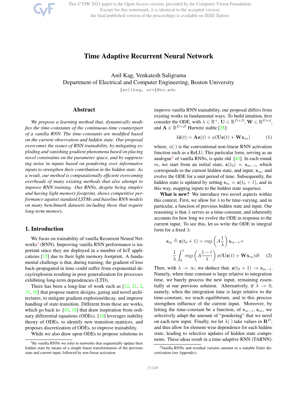 Time Adaptive Recurrent Neural Network