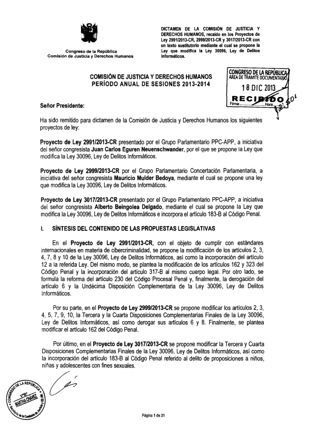 Congreso De La República Ley Que Modifica La Ley 30096, Ley De Delltos Comisión De Justicia• Y Derechos Humanos Informáticos