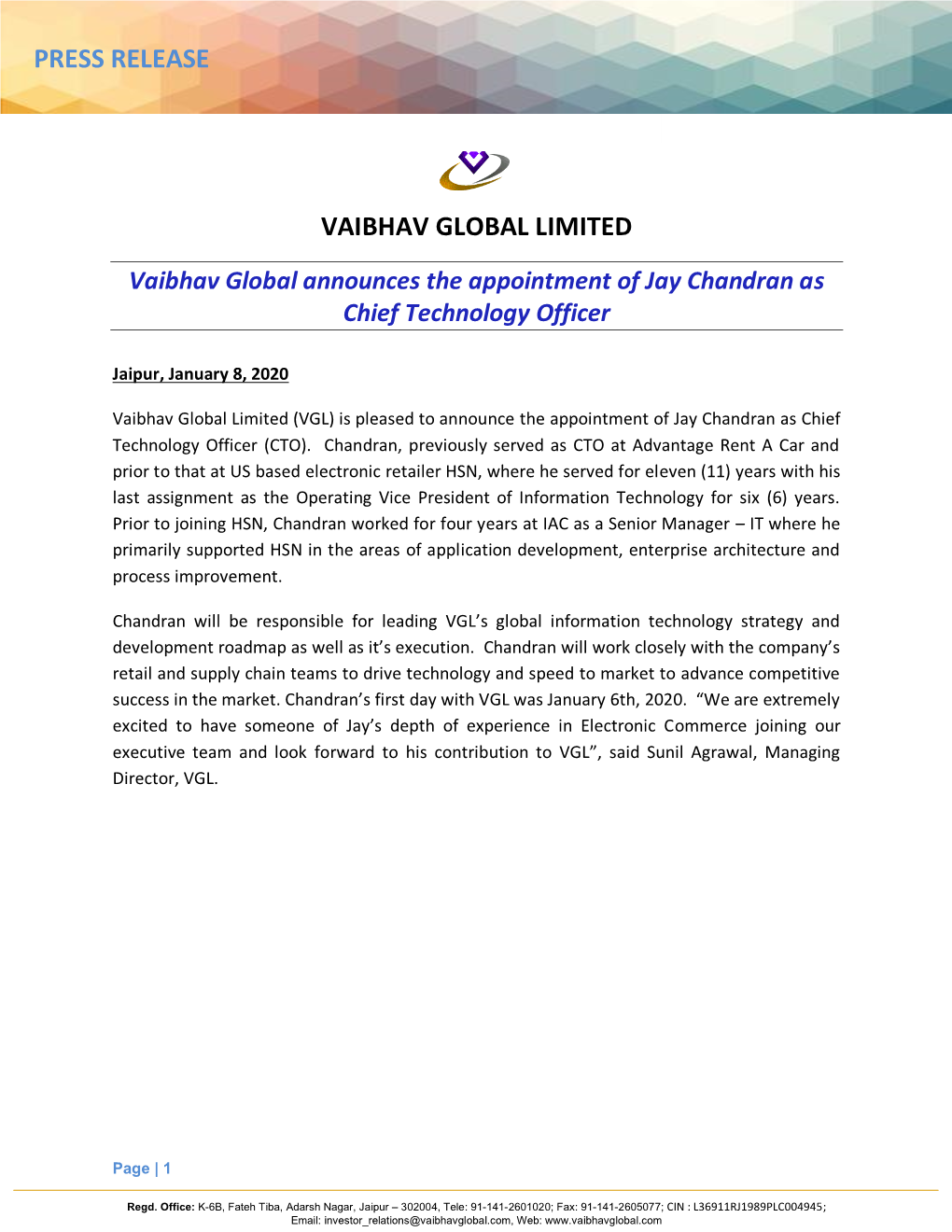 Vaibhav Global Announces the Appointment of Jay Chandran As Chief Technology Officer