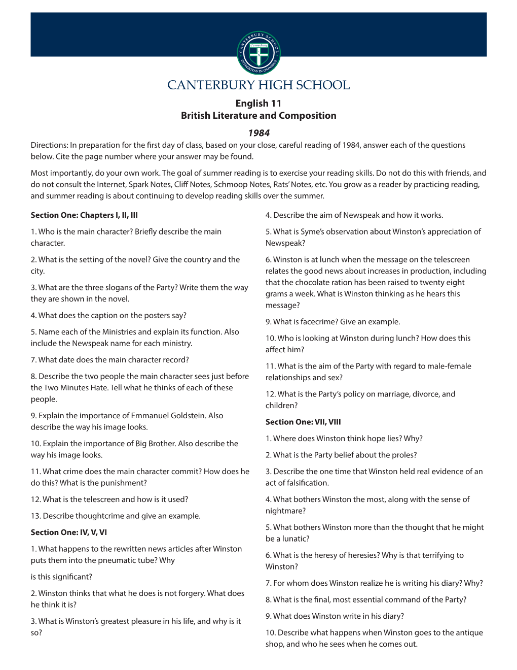 Grade 11 Reading Questions / Assignment