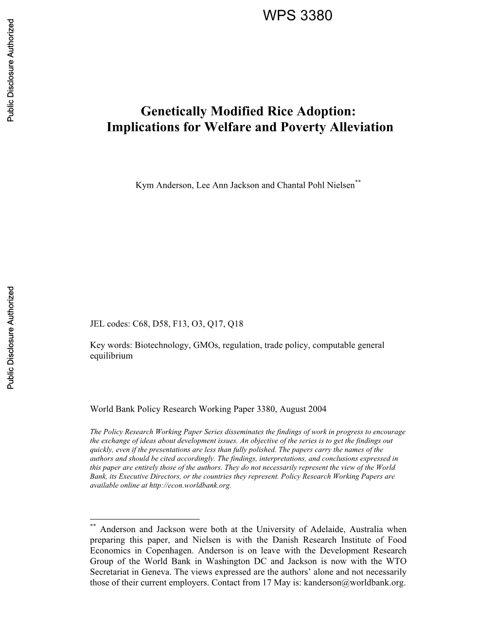 Genetically Modified Rice Adoption: Public Disclosure Authorized Implications for Welfare and Poverty Alleviation