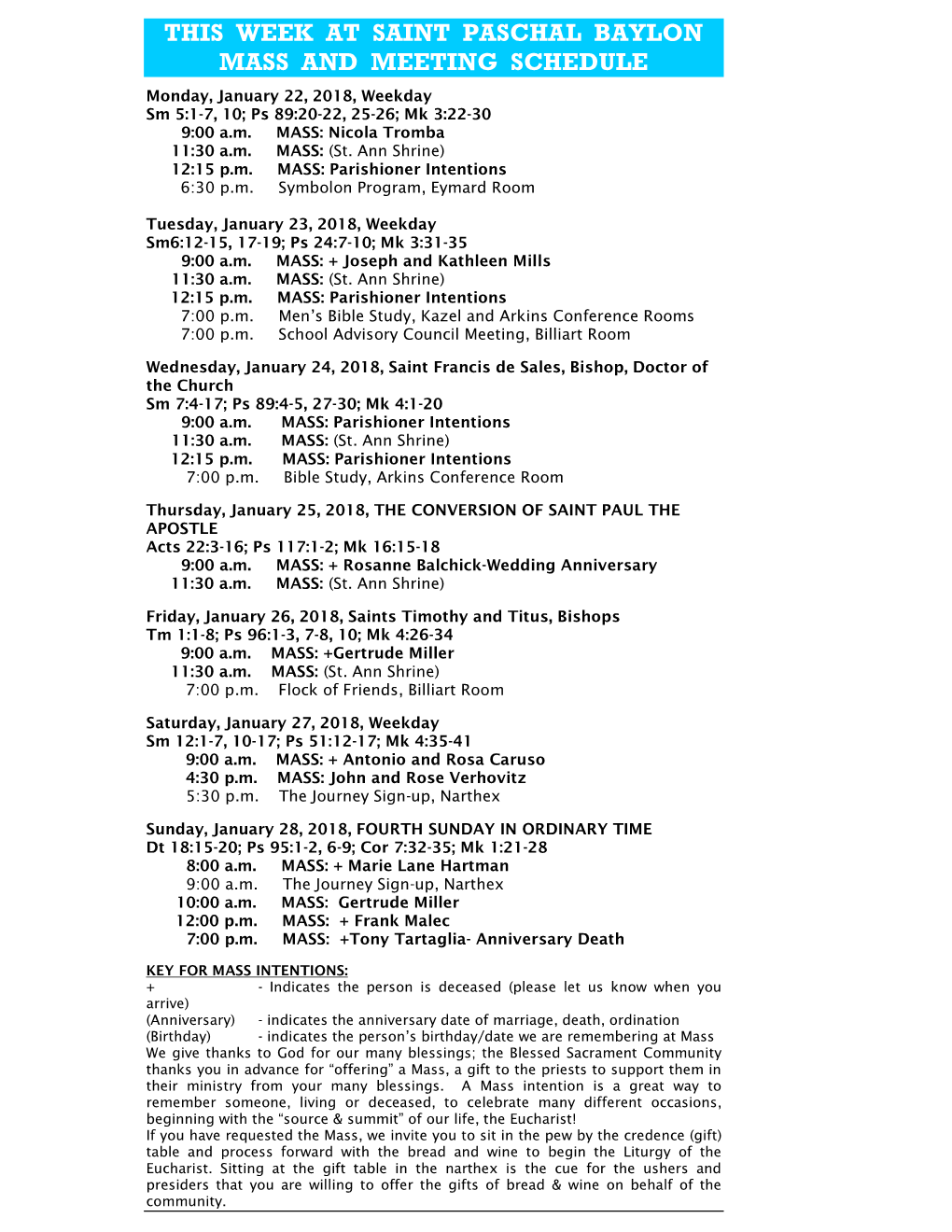 This Week at Saint Paschal Baylon Mass and Meeting Schedule