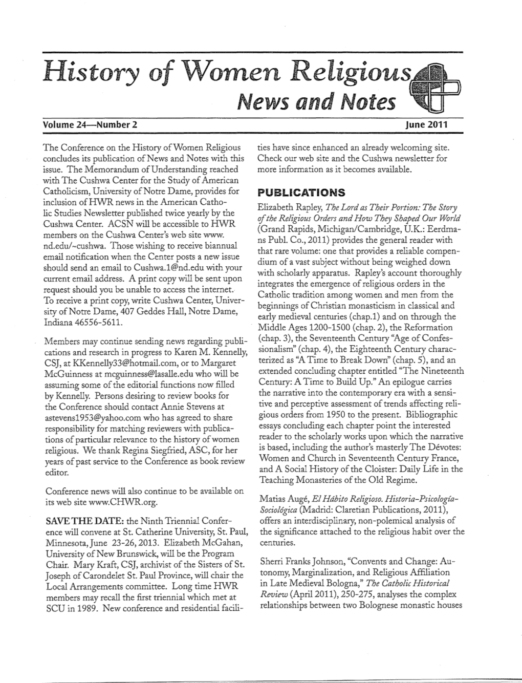 History of Women Religious News and Notes Volume 24-Number 2 June 2011