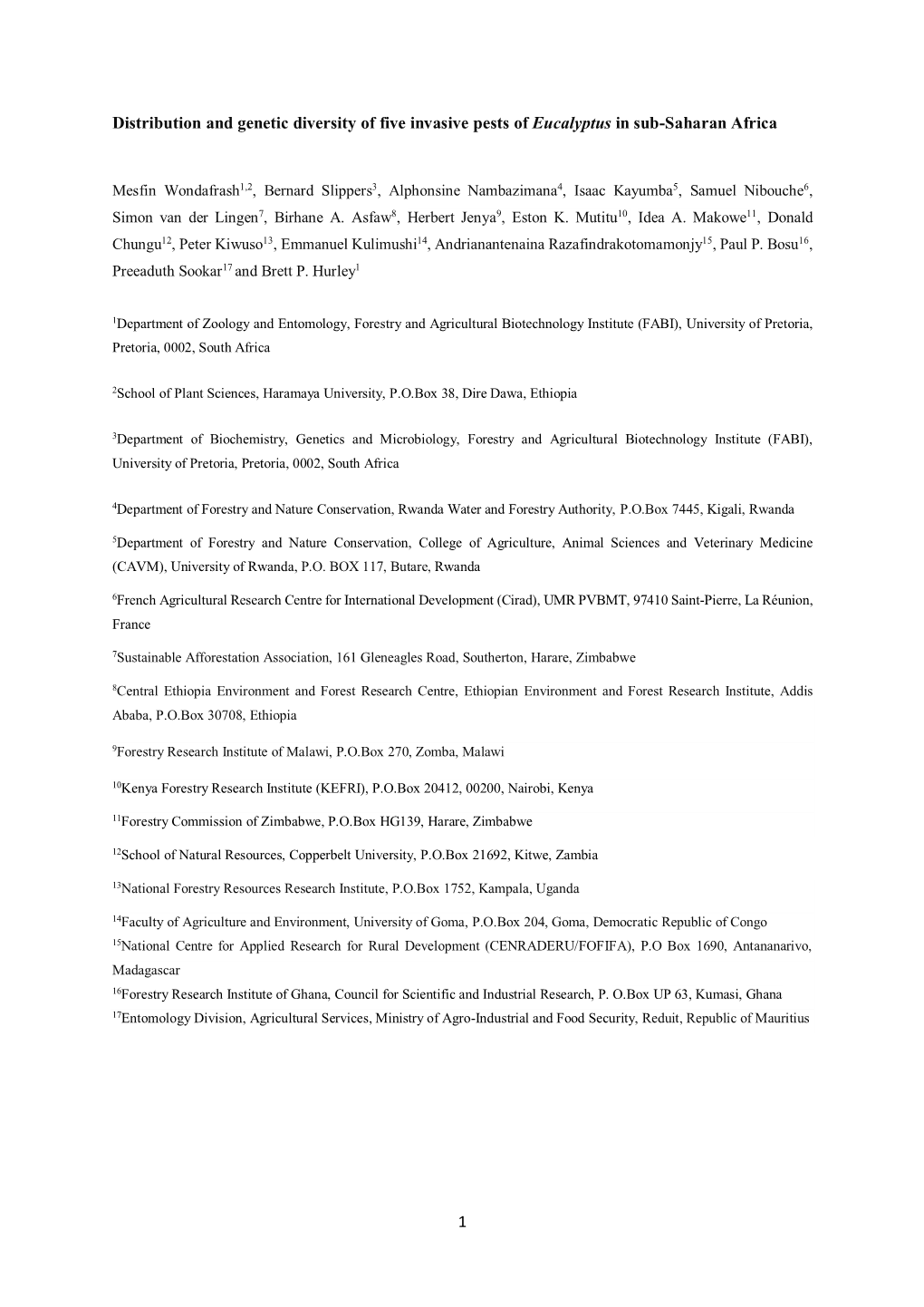 1 Distribution and Genetic Diversity of Five Invasive Pests of Eucalyptus in Sub-Saharan Africa