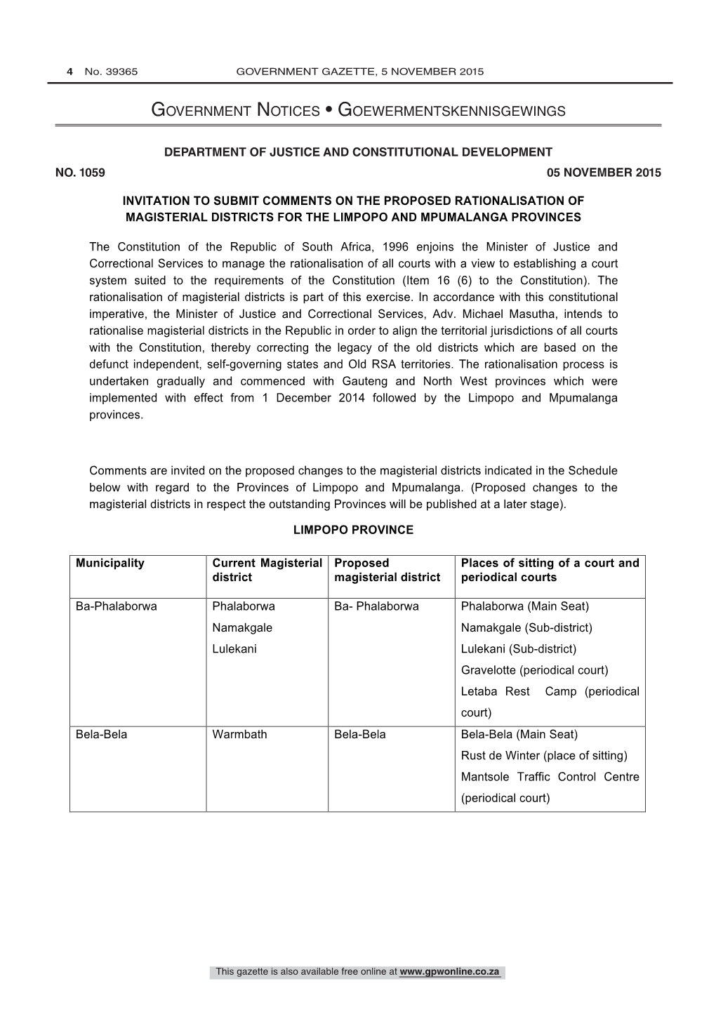 Constitution of the Republic of South Africa: Rationalisation of Magisterial Districts for Limpopo and Mpumalanga