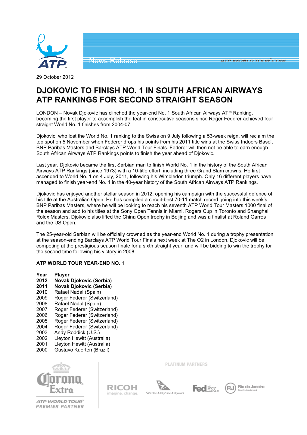 Djokovic to Finish No. 1 in South African Airways Atp Rankings for Second Straight Season