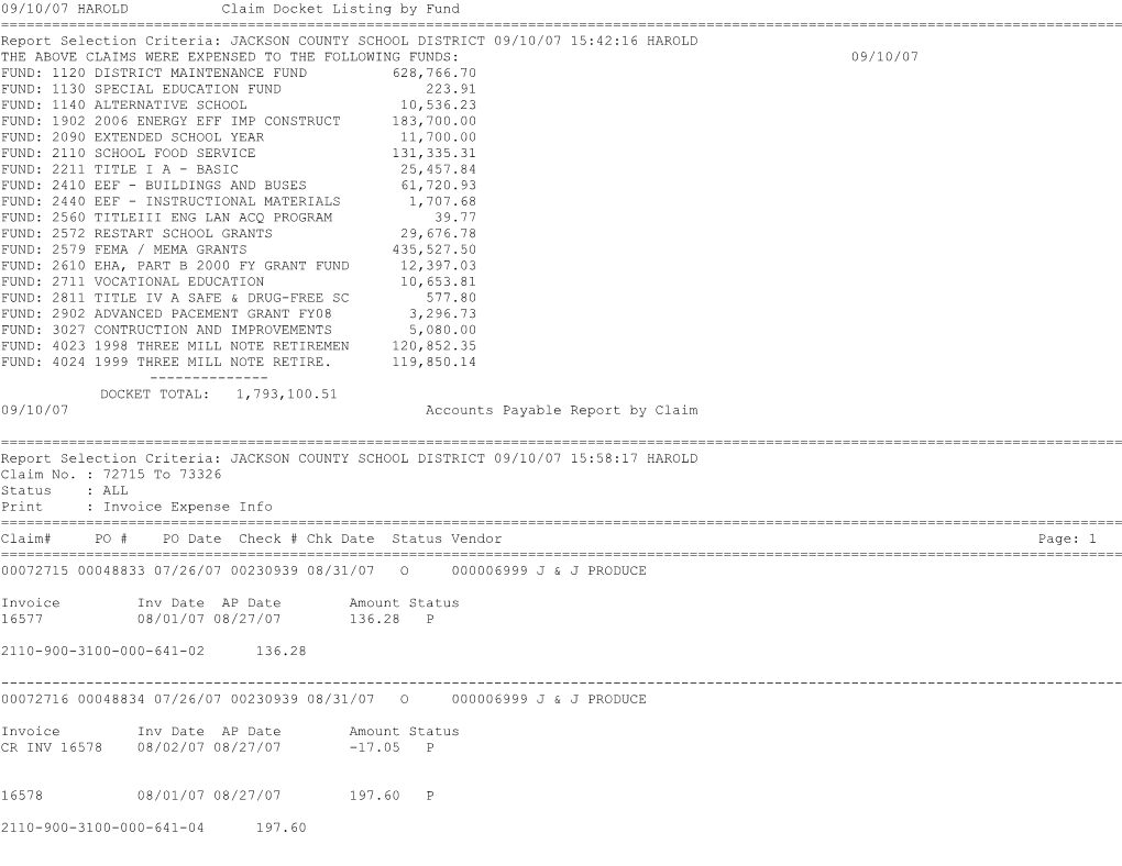 09/10/07 HAROLD Claim Docket Listing by Fund