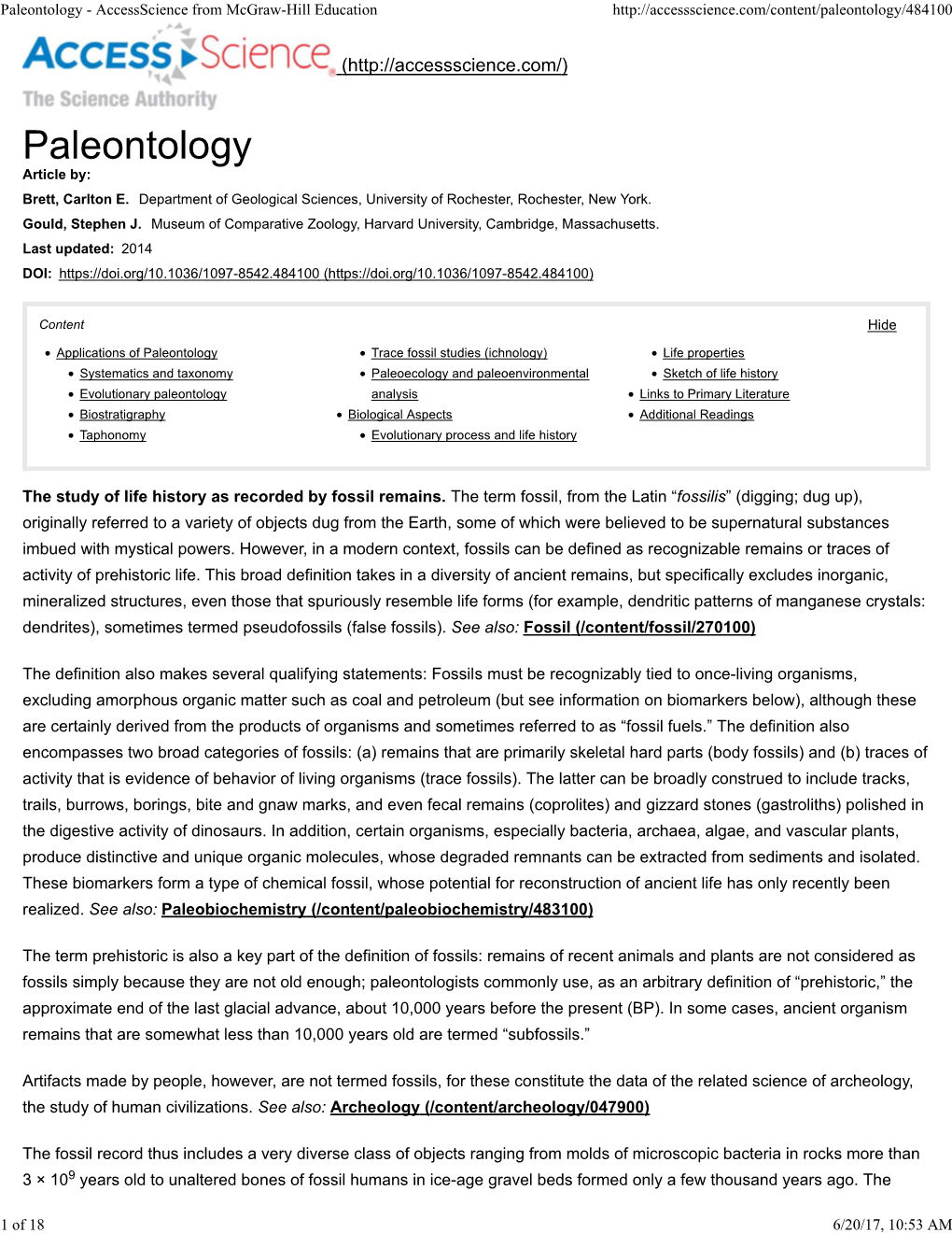 Evolutionary Paleontology Analysis Links to Primary Literature Biostratigraphy Biological Aspects Additional Readings Taphonomy Evolutionary Process and Life History