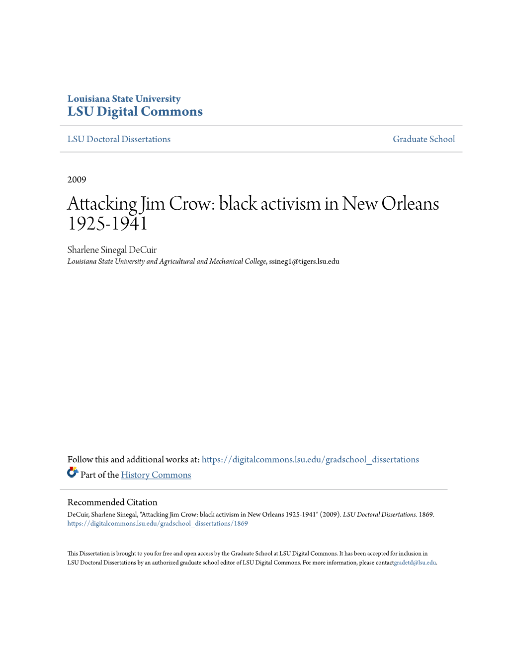 Attacking Jim Crow: Black Activism in New Orleans 1925-1941