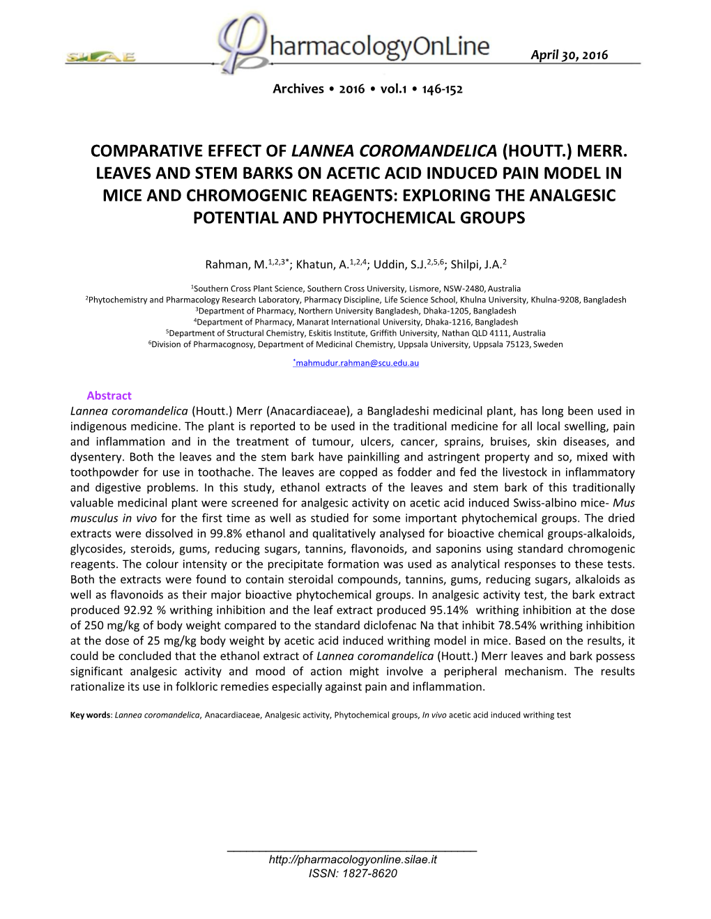 Comparative Effect of Lannea Coromandelica (Houtt.) Merr