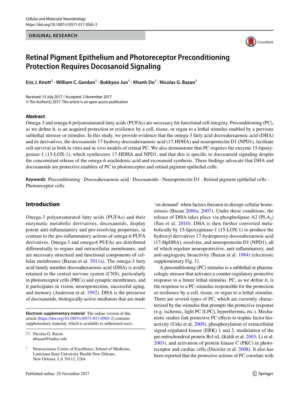 Retinal Pigment Epithelium and Photoreceptor Preconditioning Protection Requires Docosanoid Signaling