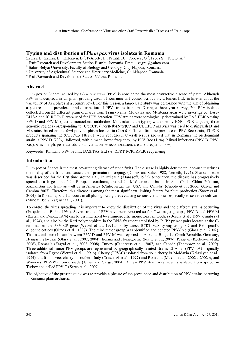 Typing and Distribution of Plum Pox Virus Isolates in Romania