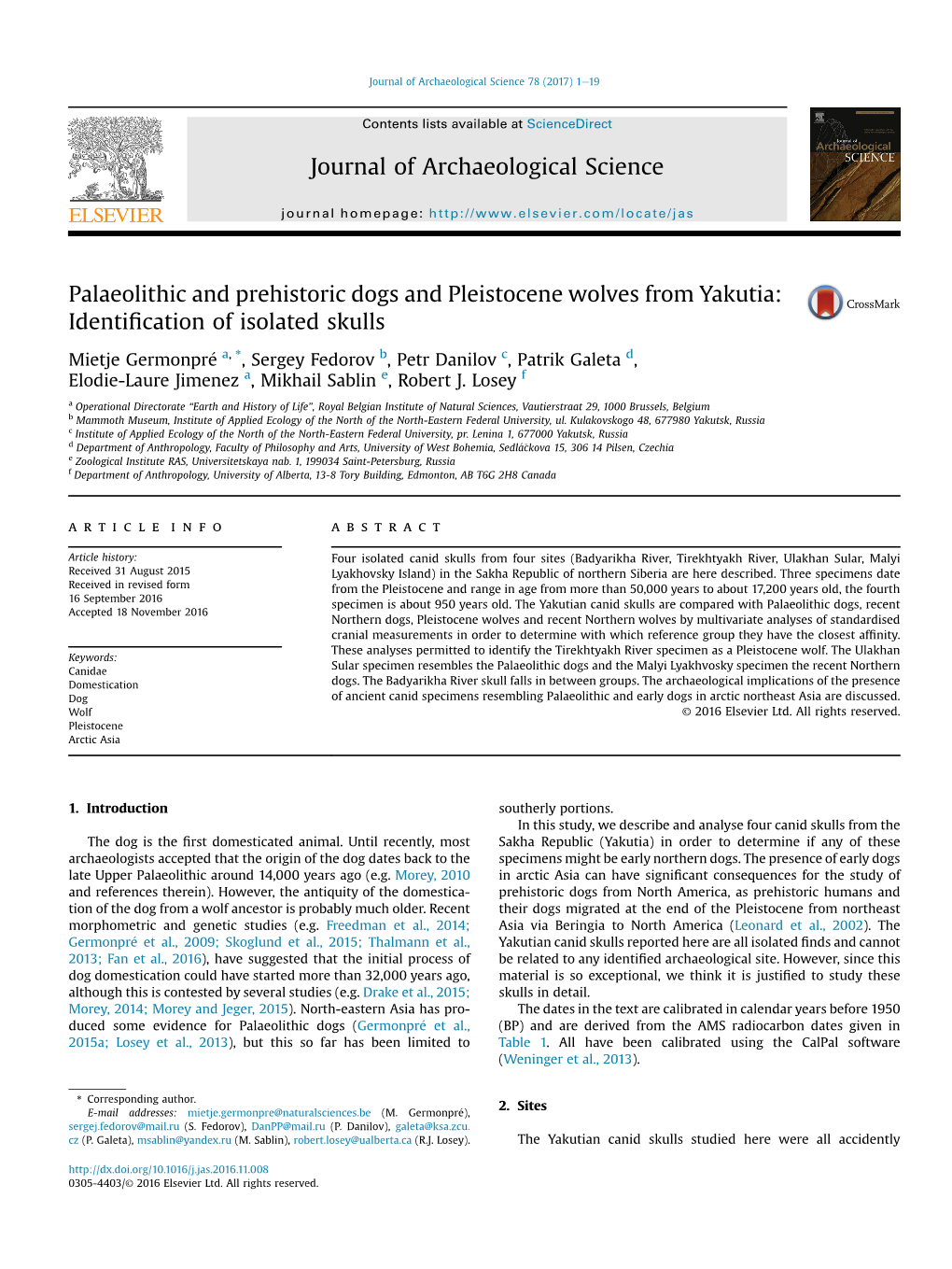 Palaeolithic and Prehistoric Dogs and Pleistocene Wolves from Yakutia: Identification of Isolated Skulls