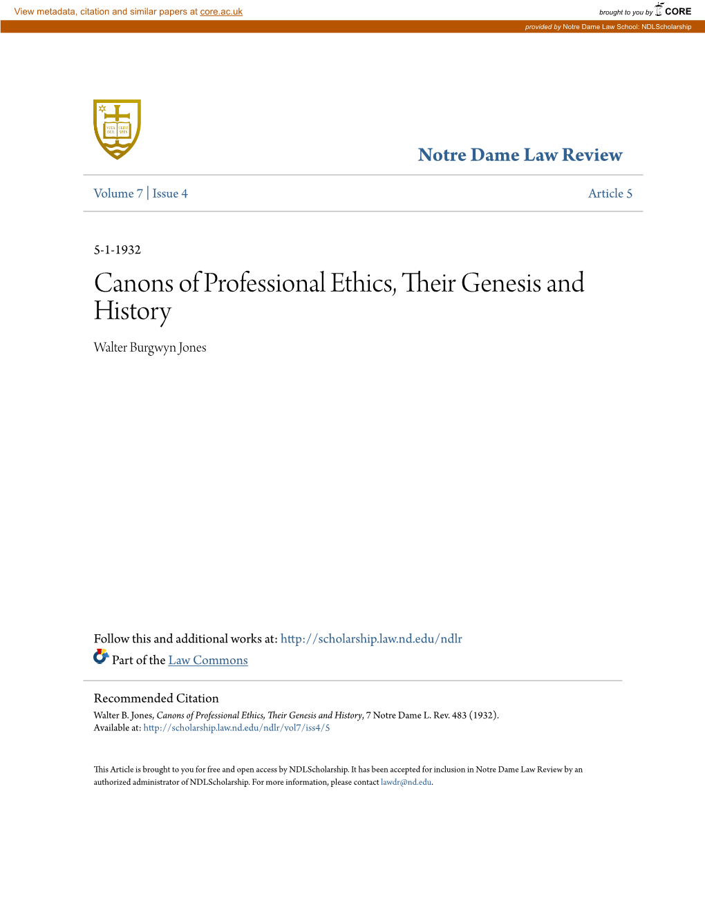 Canons of Professional Ethics, Their Genesis and History Walter Burgwyn Jones