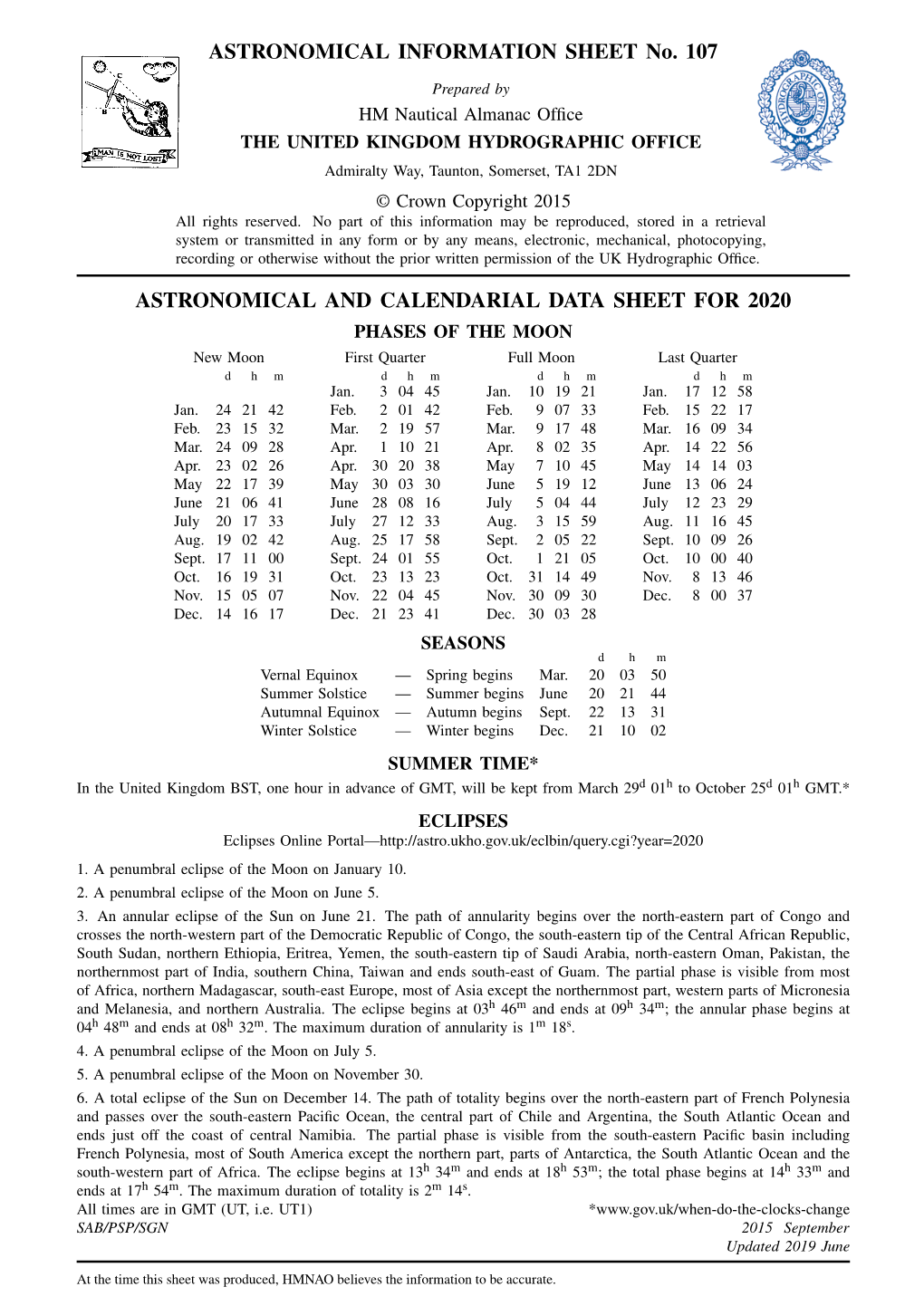 ASTRONOMICAL INFORMATION SHEET No. 107 ASTRONOMICAL