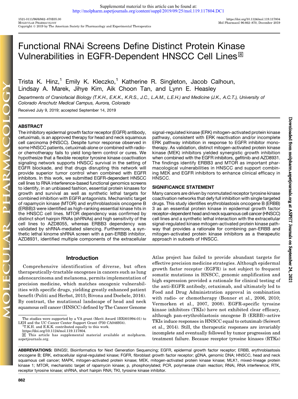 Functional Rnai Screens Define Distinct Protein Kinase Vulnerabilities in EGFR-Dependent HNSCC Cell Lines S