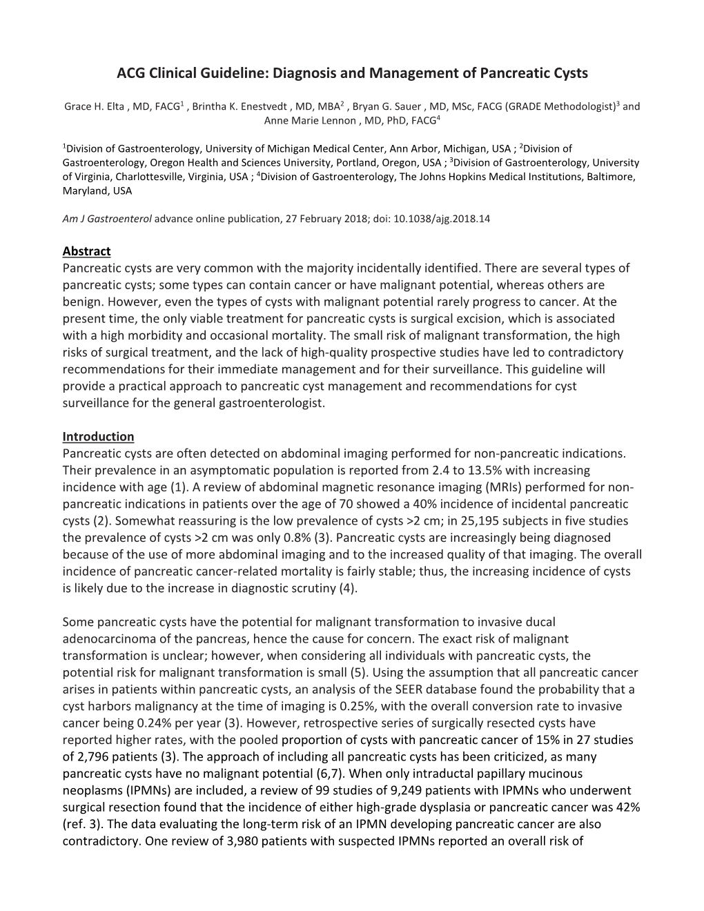 ACG Clinical Guideline: Diagnosis and Management of Pancreatic Cysts