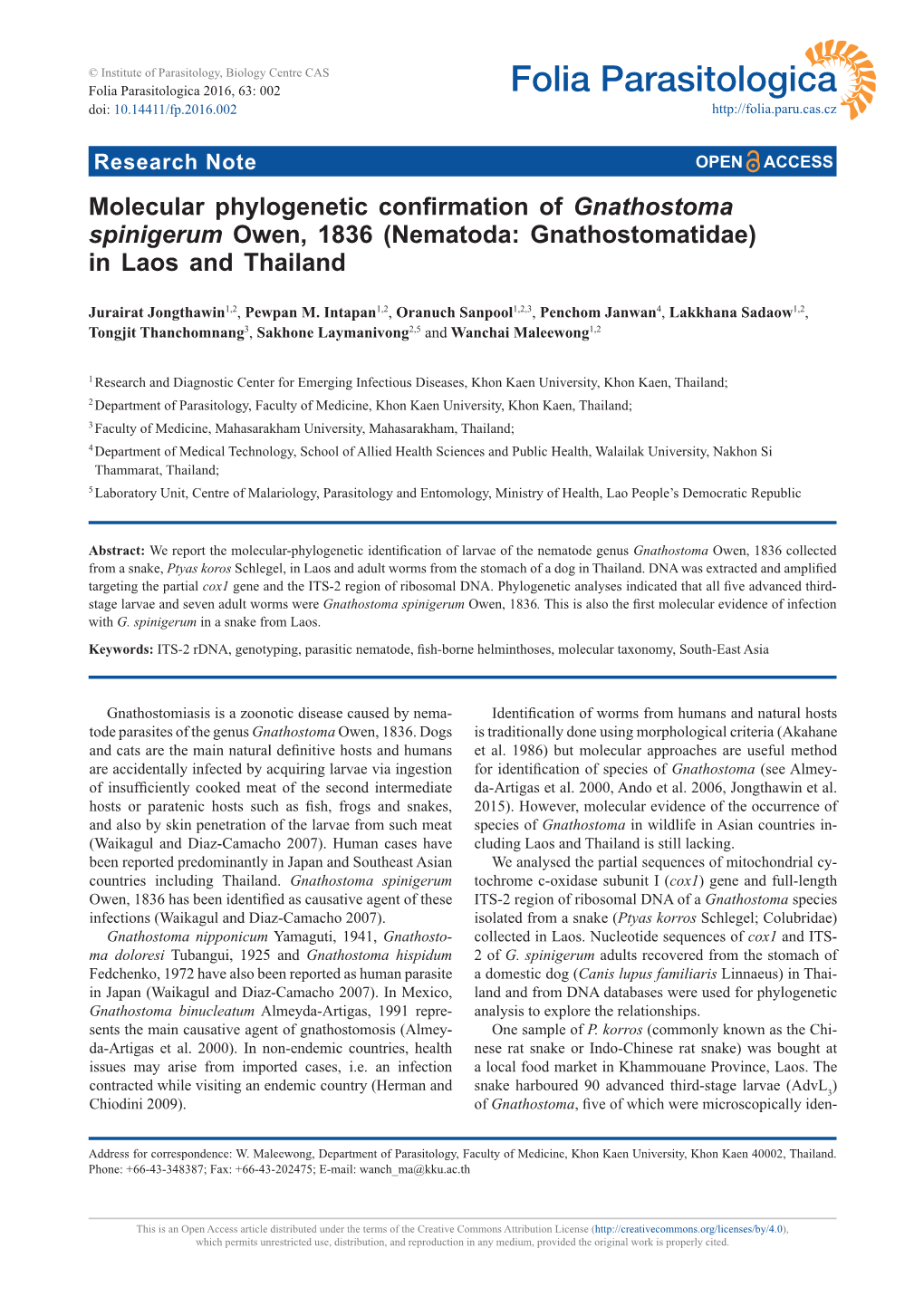 Molecular Phylogenetic Confirmation of Gnathostoma