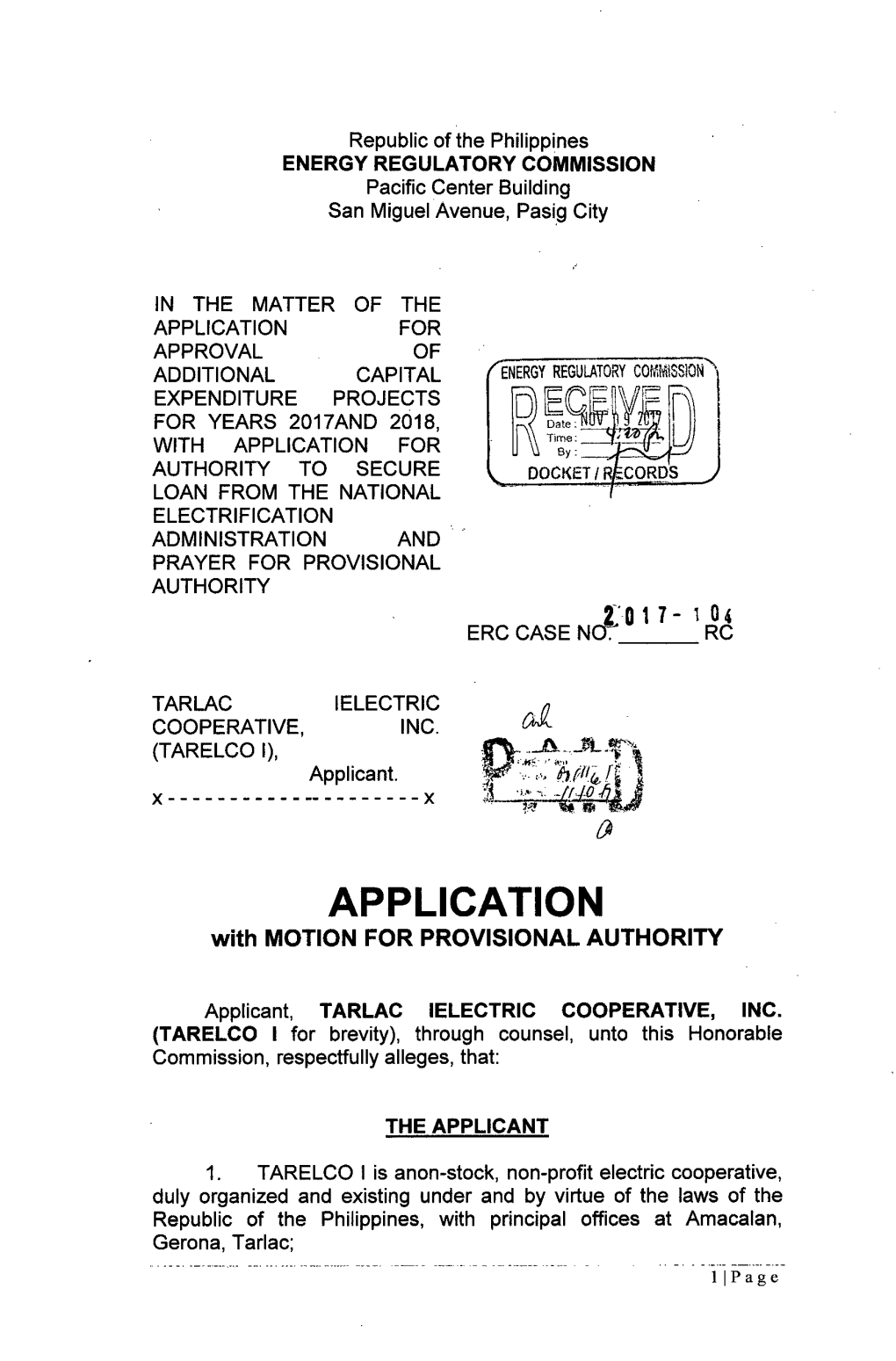 A APPLICATION with MOTION for PROVISIONAL AUTHORITY