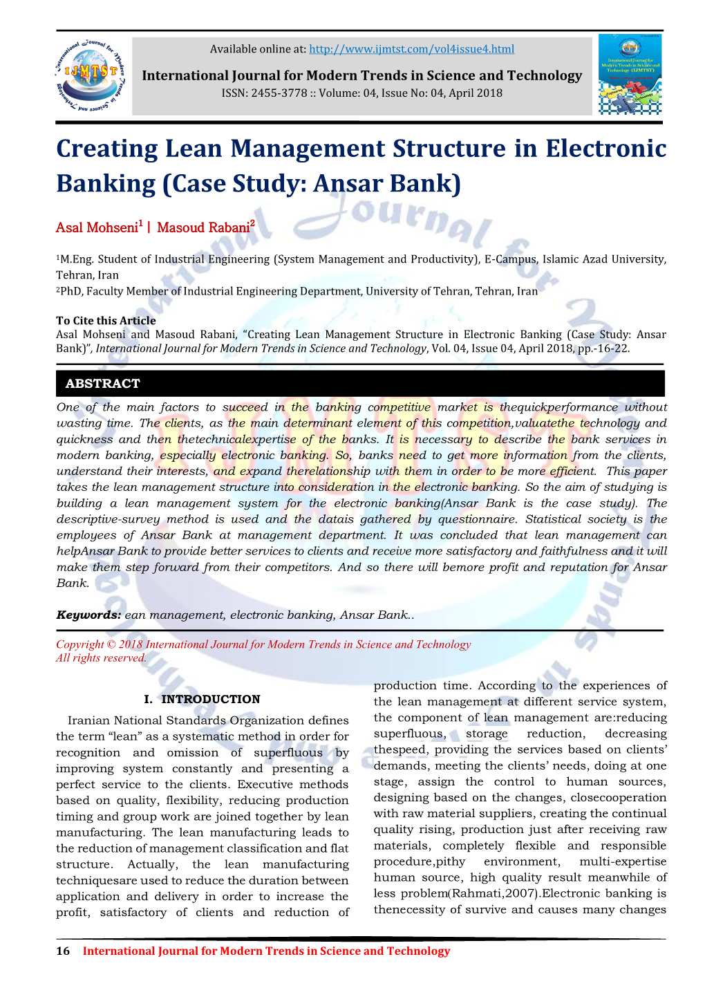 Creating Lean Management Structure in Electronic Banking (Case Study: Ansar Bank)