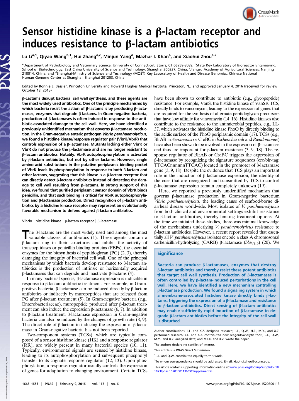 Sensor Histidine Kinase Is a Β-Lactam Receptor and Induces Resistance to Β-Lactam Antibiotics