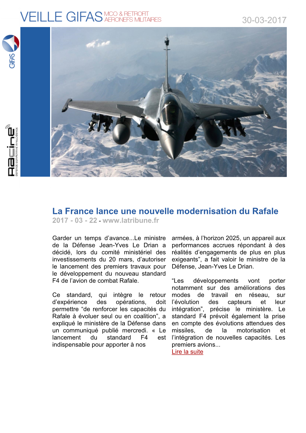 30-03-2017 La France Lance Une Nouvelle Modernisation Du Rafale