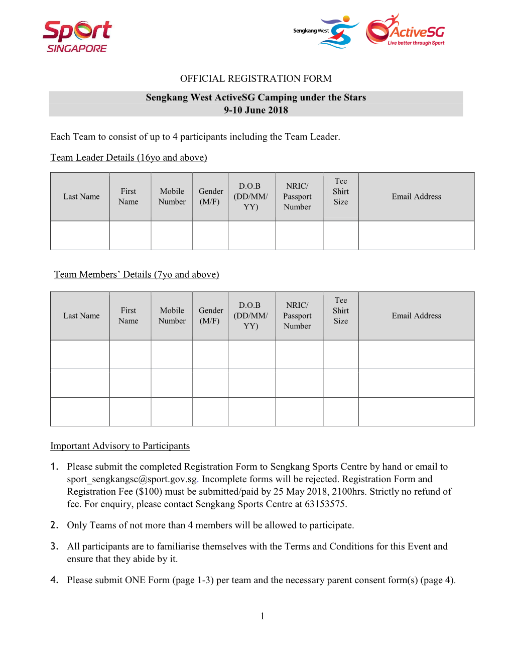 1 OFFICIAL REGISTRATION FORM Sengkang West Activesg Camping