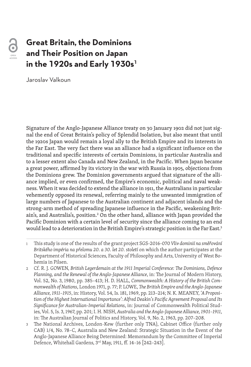 Great Britain, the Dominions and Their Position on Japan in the 1920S and Early 1930S1