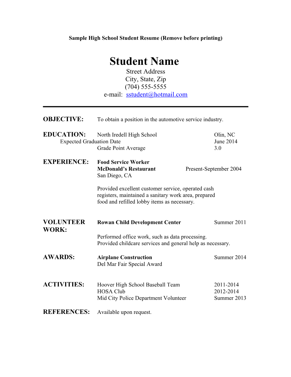 Sample High School Student Resume