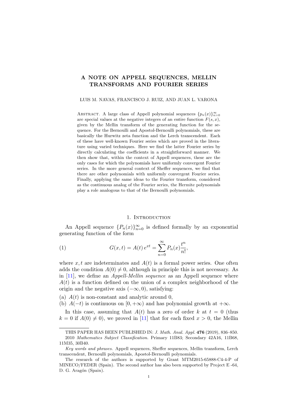 A Note on Appell Sequences, Mellin Transforms and Fourier Series