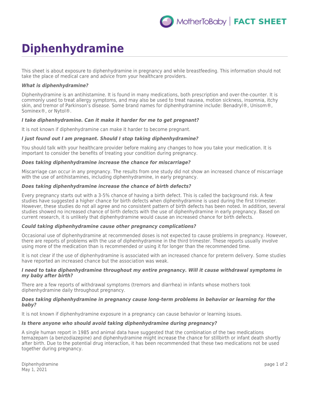 Diphenhydramine and Pregnancy