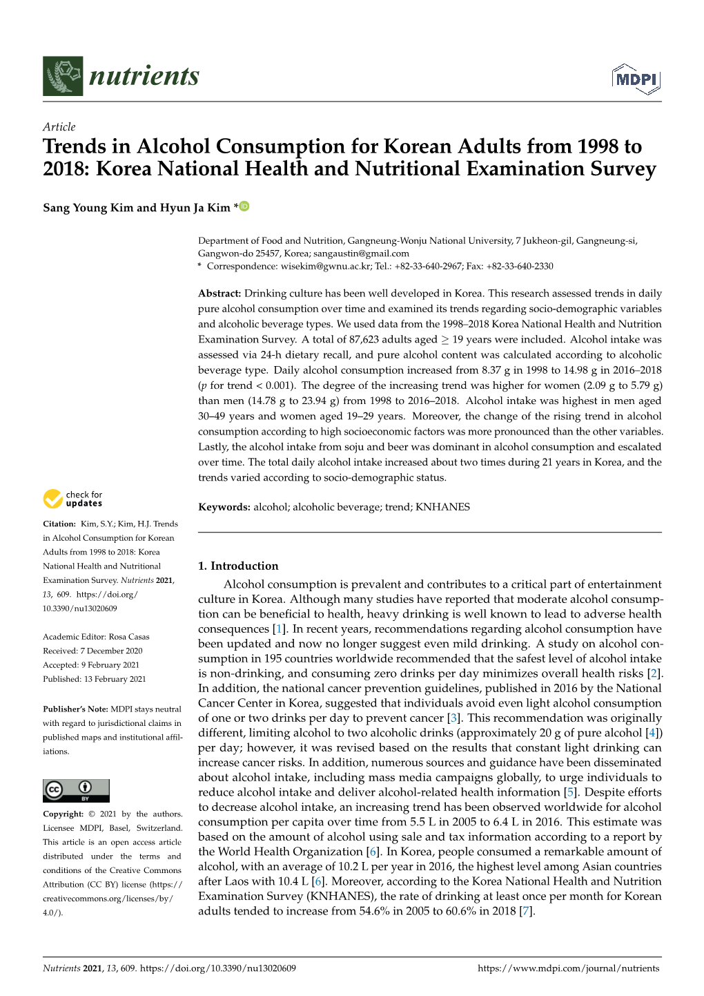 Trends in Alcohol Consumption for Korean Adults from 1998 to 2018: Korea National Health and Nutritional Examination Survey