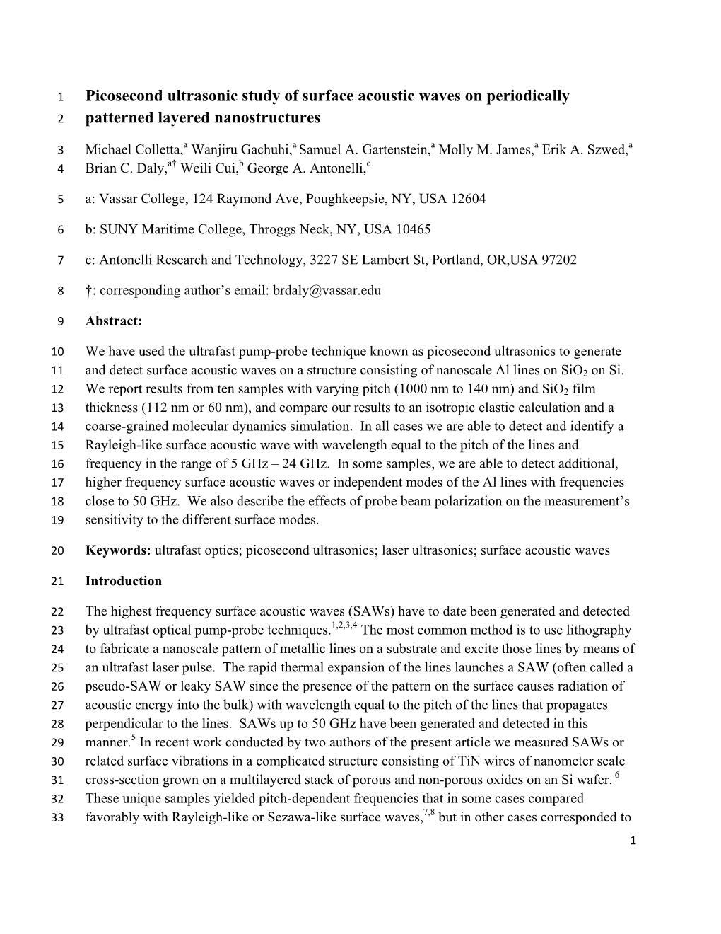 Picosecond Ultrasonic Study of Surface Acoustic Waves on Periodically 2 Patterned Layered Nanostructures