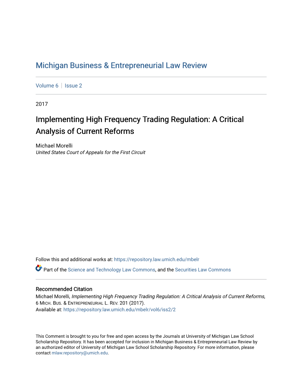 Implementing High Frequency Trading Regulation: a Critical Analysis of Current Reforms