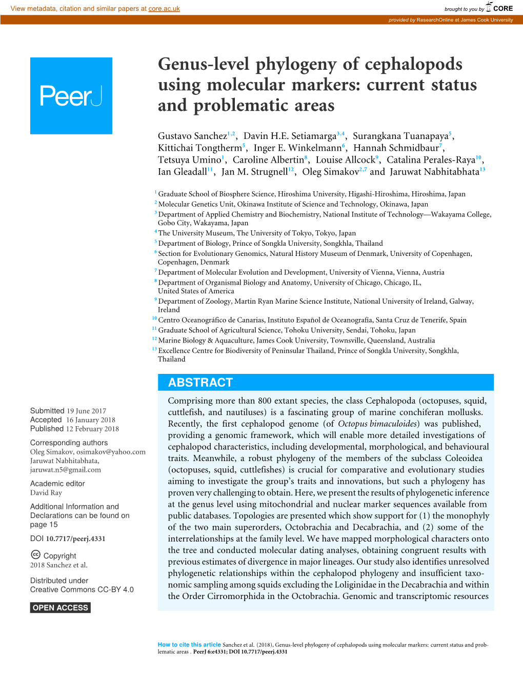 Genus-Level Phylogeny of Cephalopods Using Molecular Markers: Current Status and Problematic Areas