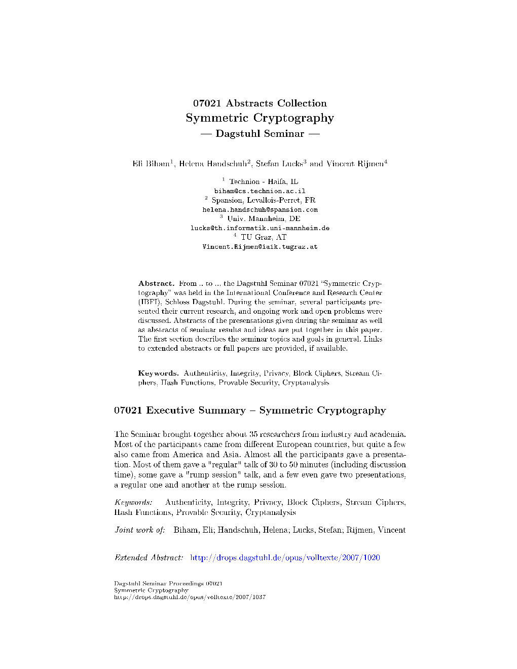 Symmetric Cryptography  Dagstuhl Seminar 