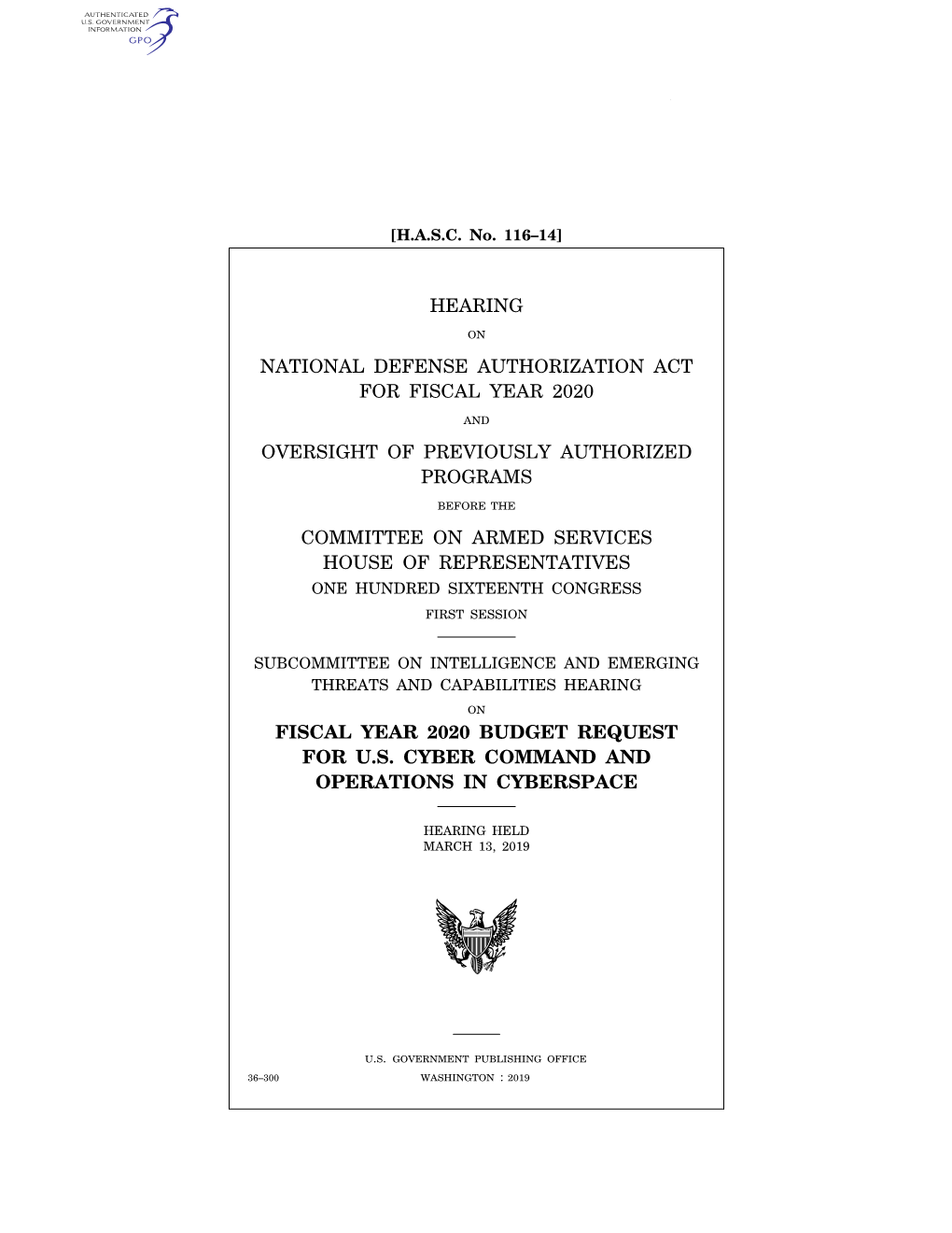 Hearing National Defense Authorization