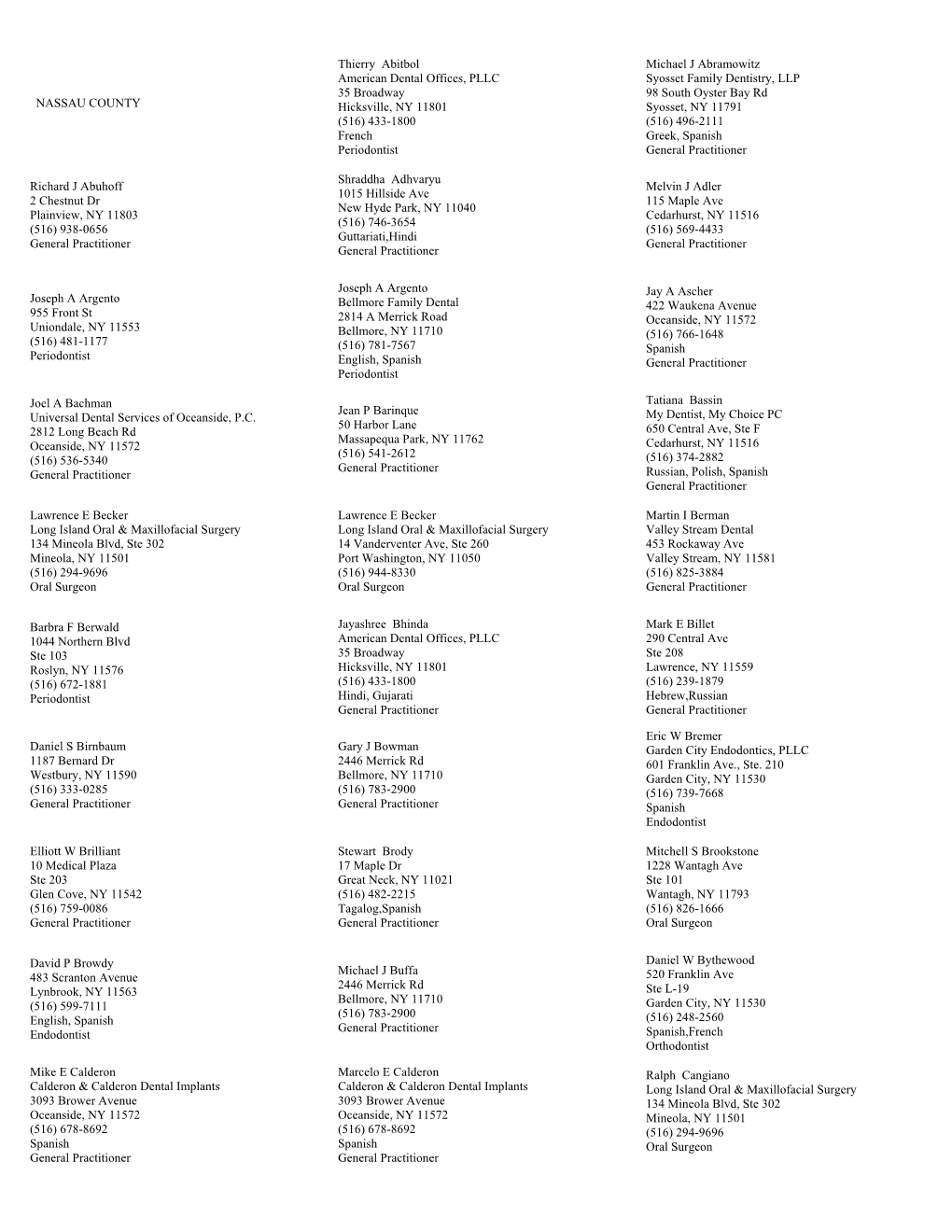 NASSAU COUNTY Hicksville, NY 11801 Syosset, NY 11791 (516) 433-1800 (516) 496-2111 French Greek, Spanish Periodontist General Practitioner