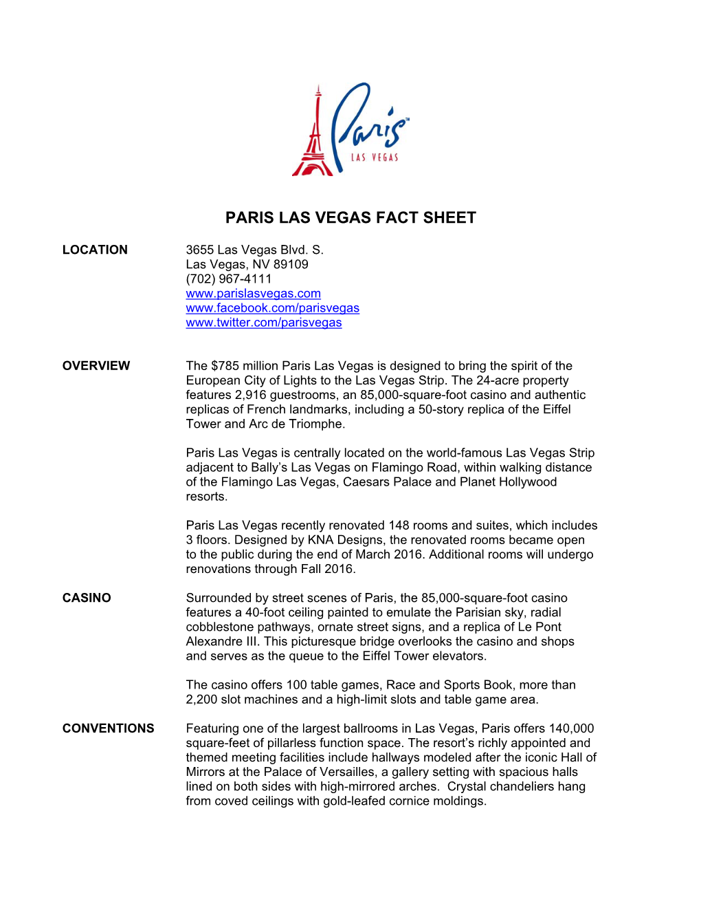 Paris Las Vegas Fact Sheet