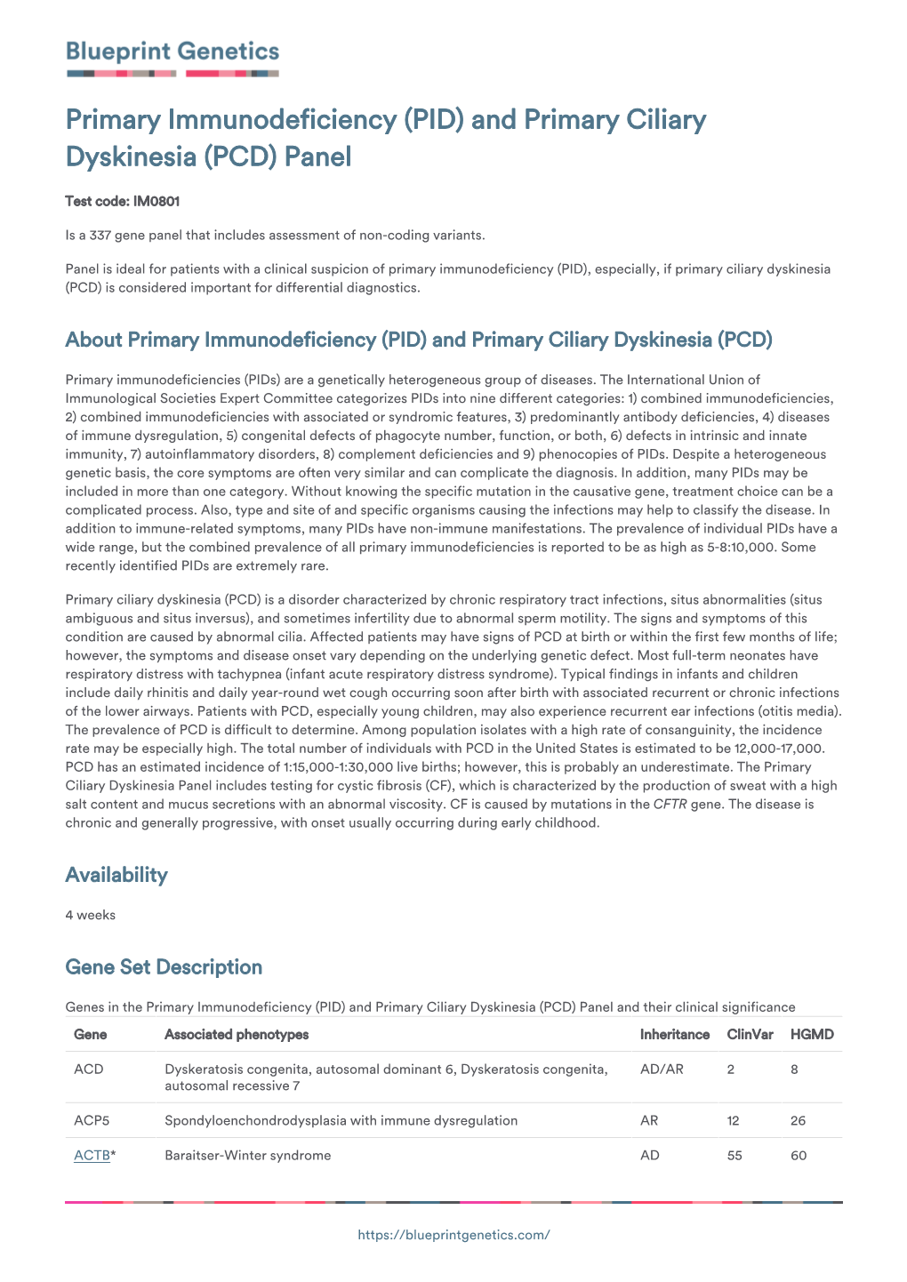 Blueprint Genetics Primary Immunodeficiency (PID) and Primary Ciliary Dyskinesia (PCD) Panel