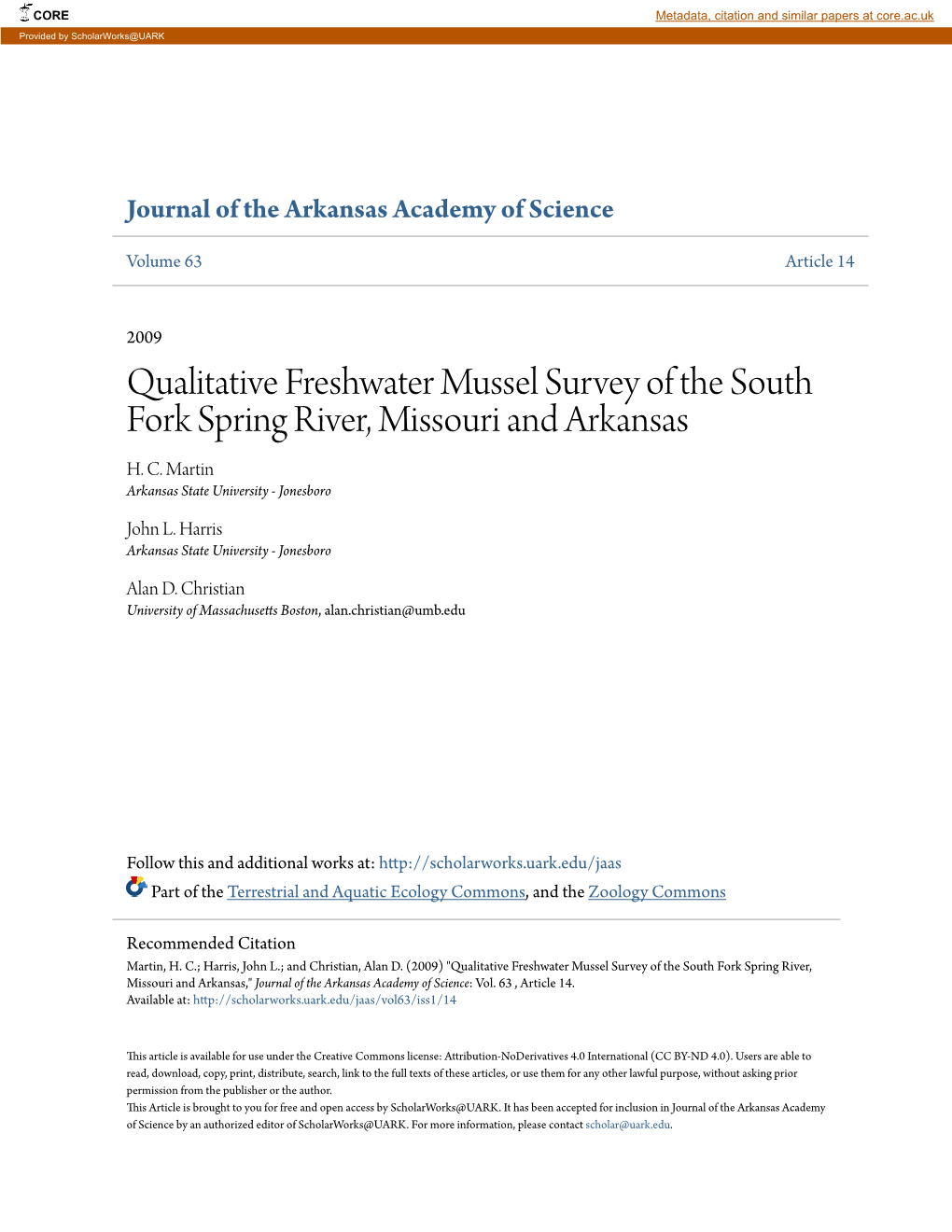 Qualitative Freshwater Mussel Survey of the South Fork Spring River, Missouri and Arkansas H