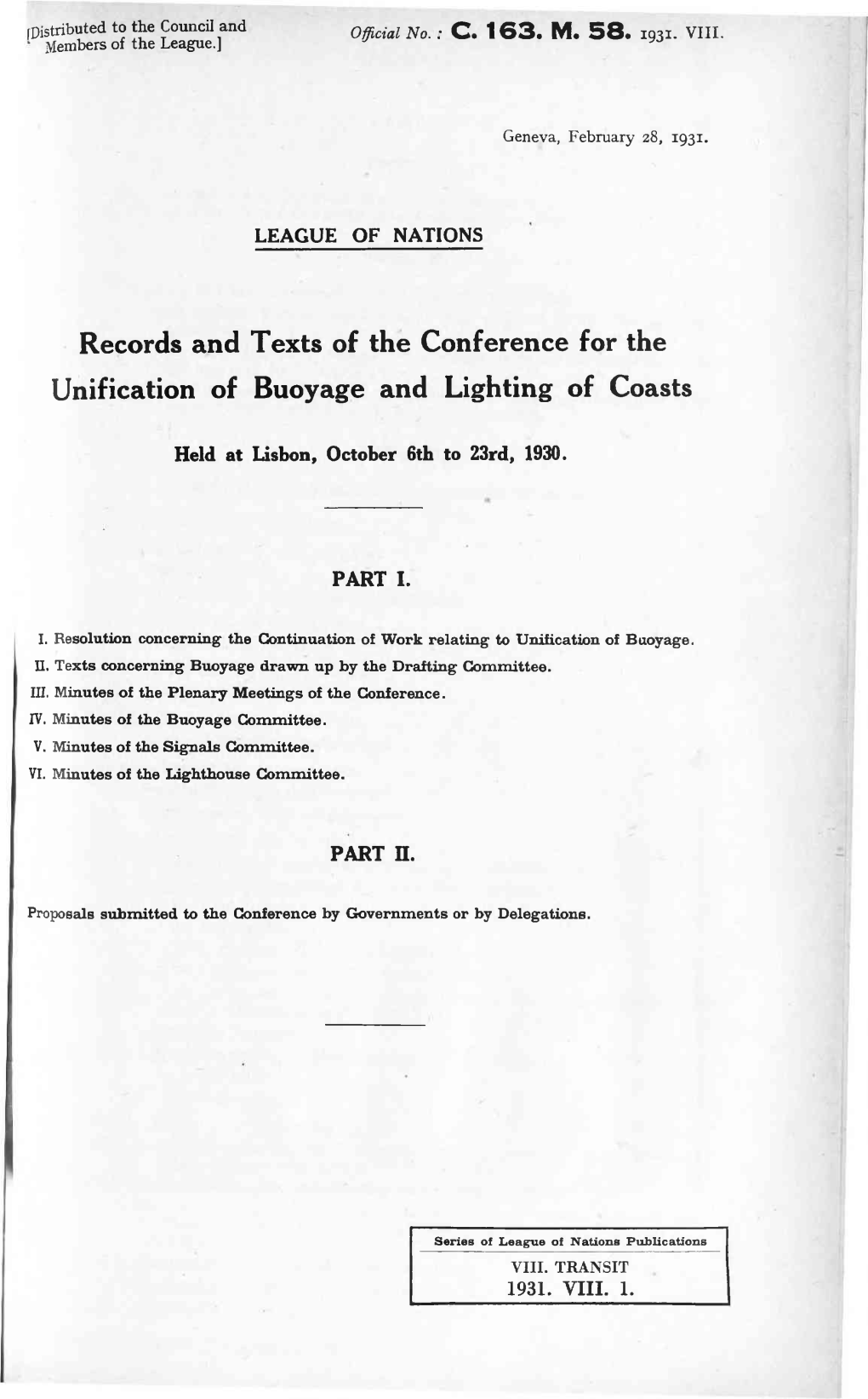 Records and Texts of the Conference for the Unification of Buoyage and Lighting of Coasts