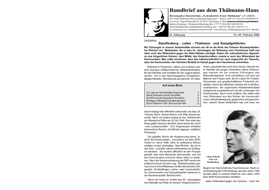 Rundbrief Aus Dem Thälmann-Haus Herausgeber:Kuratorium „Gedenkstätte Ernst Thälmann“ E.V