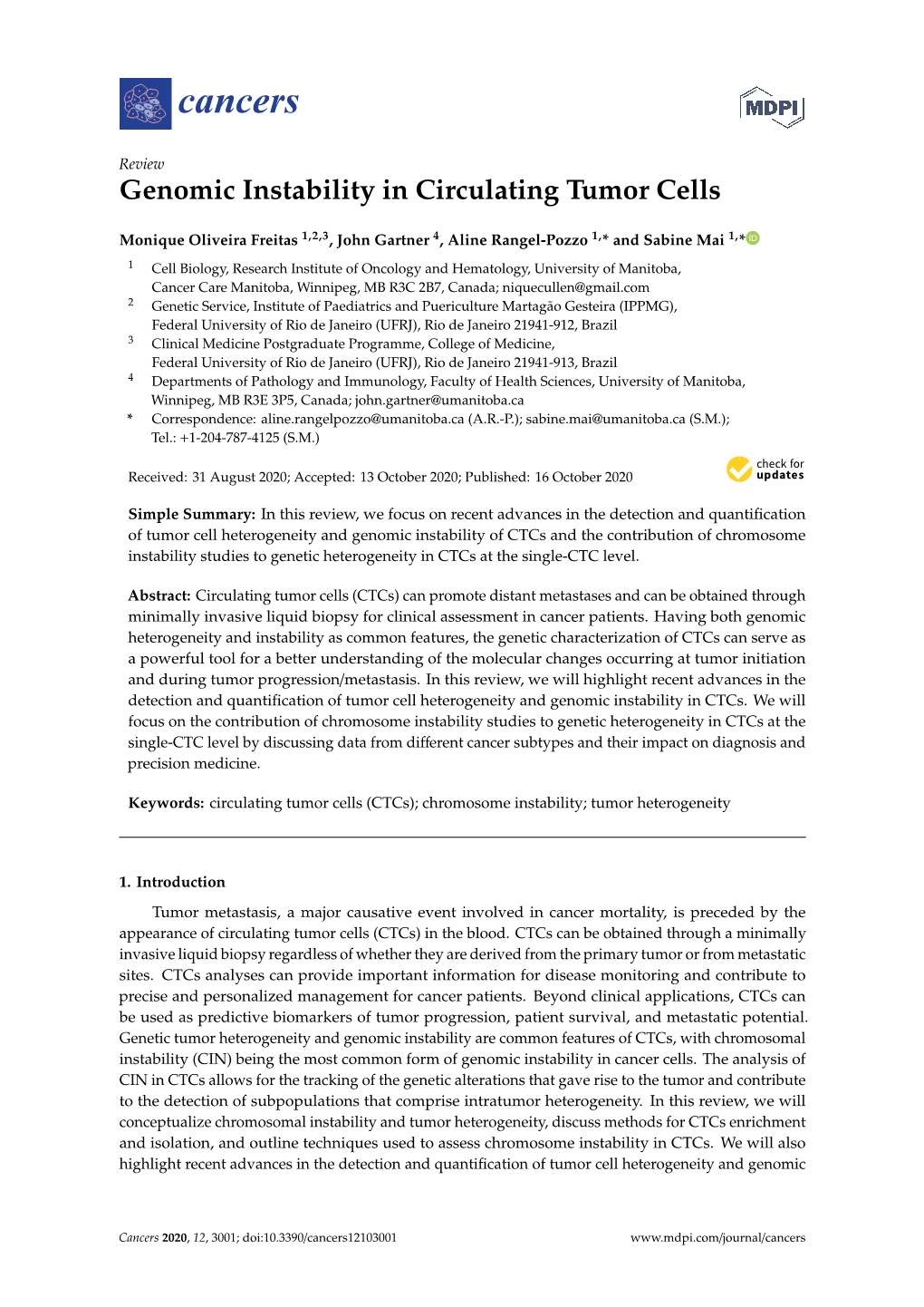 Genomic Instability in Circulating Tumor Cells