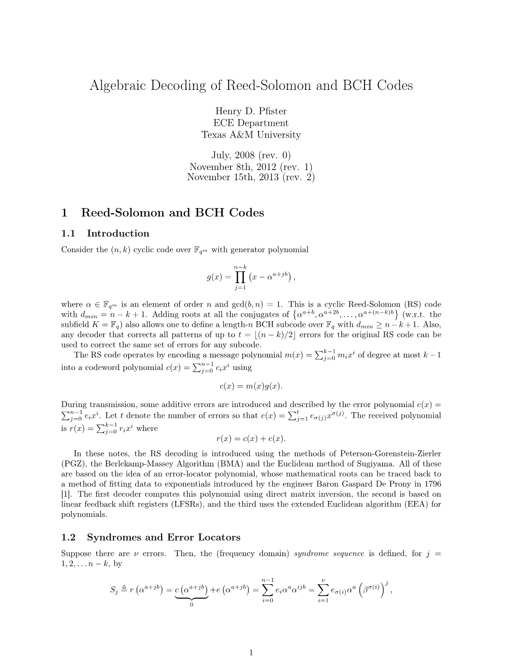 Algebraic Decoding of Reed-Solomon and BCH Codes