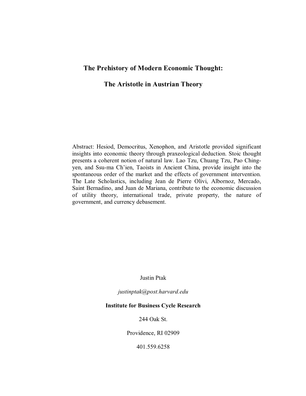 The Prehistory of Modern Economic Thought: the Aristotle in Austrian