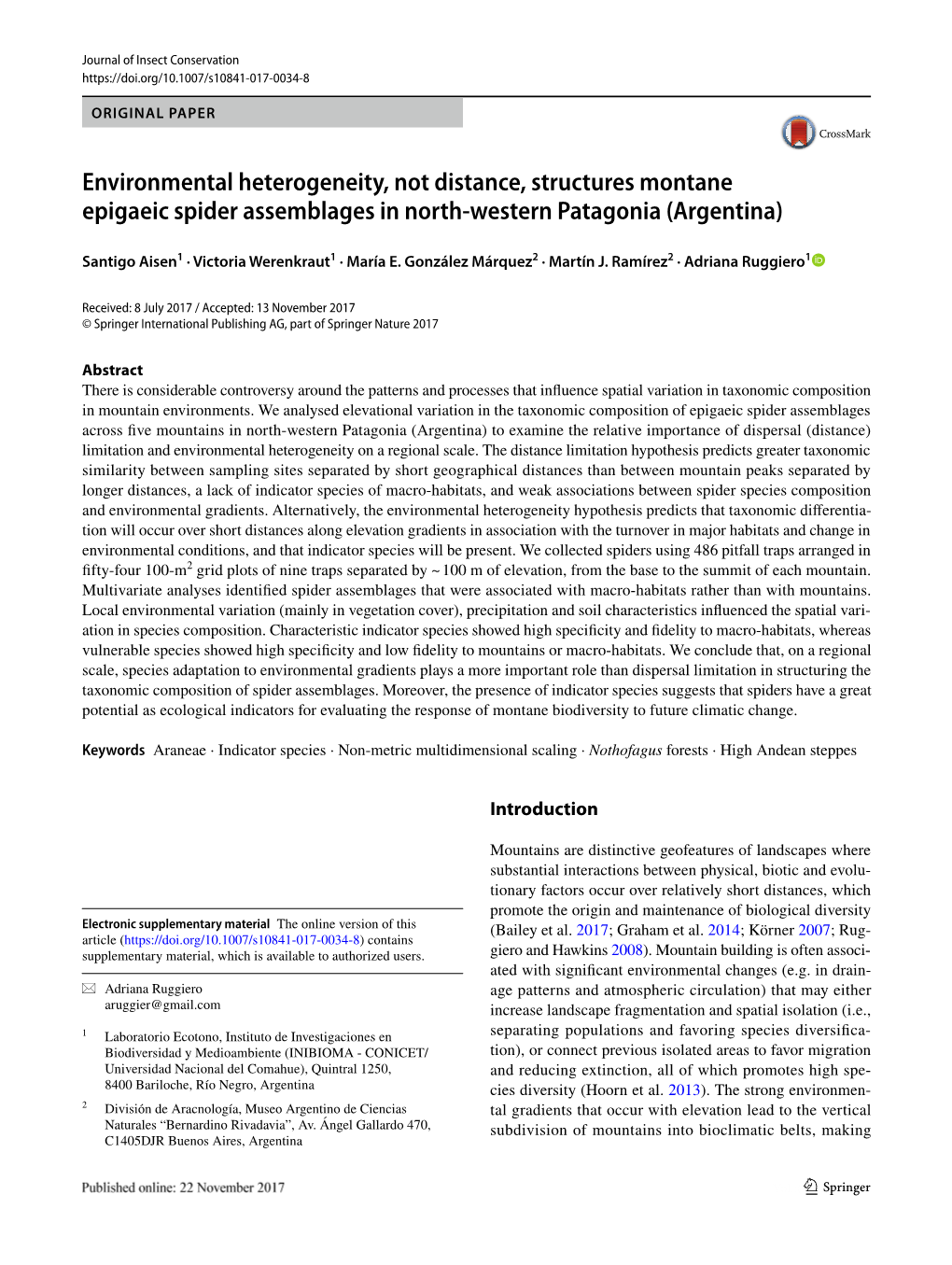 Environmental Heterogeneity, Not Distance, Structures Montane Epigaeic Spider Assemblages in North-Western Patagonia (Argentina)