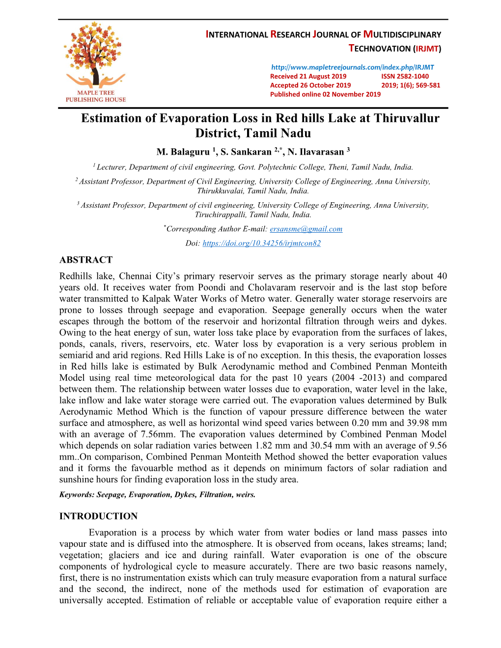 Estimation of Evaporation Loss in Red Hills Lake at Thiruvallur District, Tamil Nadu