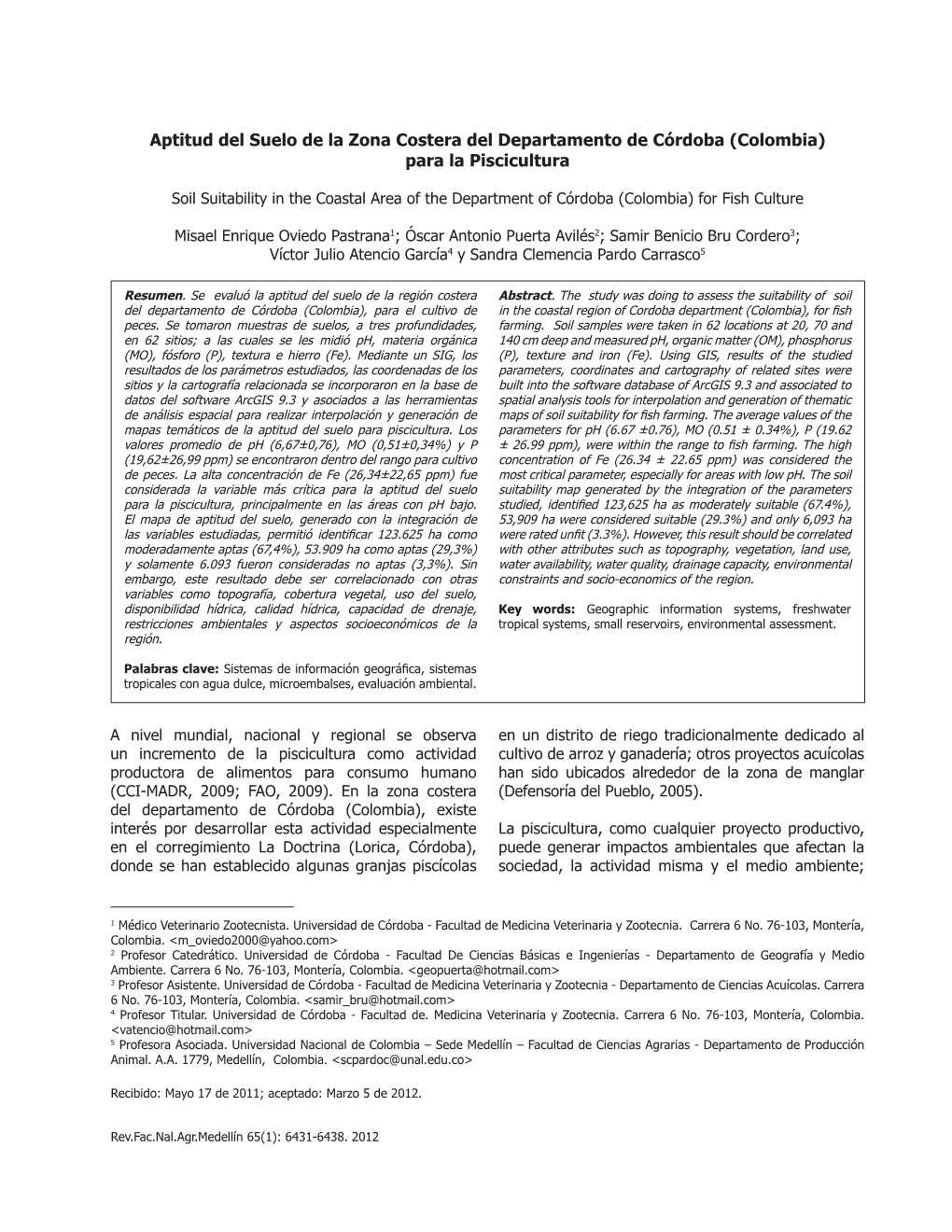 Aptitud Del Suelo De La Zona Costera Del Departamento De Córdoba (Colombia) Para La Piscicultura